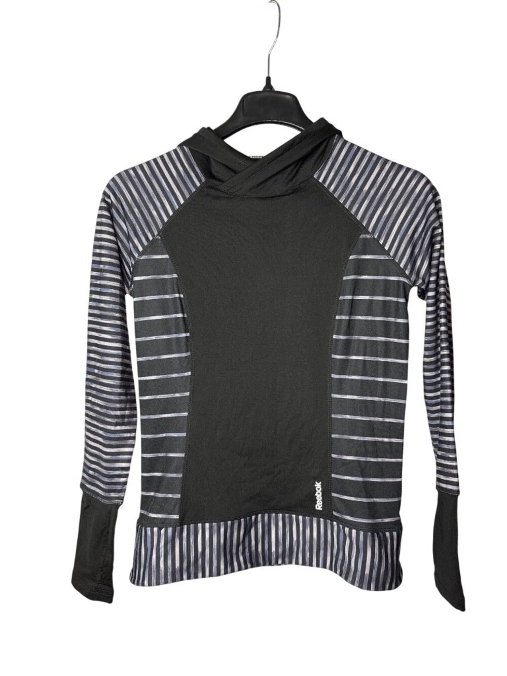 Reebok Womens Running Hoodie Hooded Sweatshirt S Pullover Striped Thumbholes